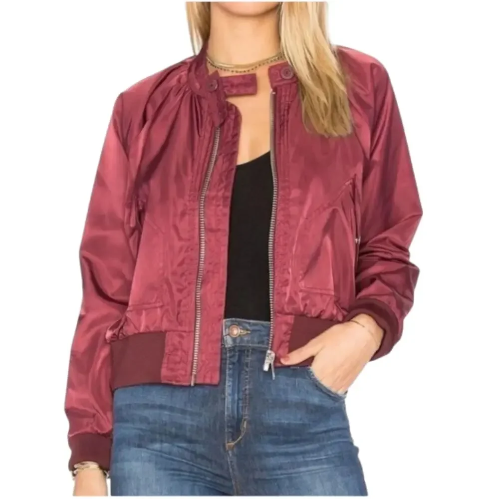 FREE PEOPLE Midnight Bomber Jacket Sz M Burgundy Full Zip City Chic Stylish Boho